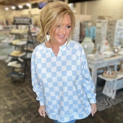Riley French Terry Pullover- Blue Checkered