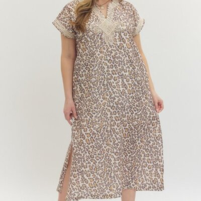 Leopard Print Dress w/ Cord Detail on Neck & Sleeve