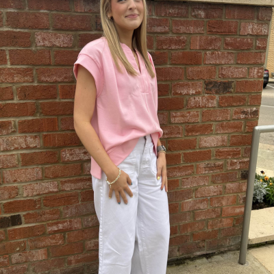 Terry Knit V-Neck Top W/Cap Sleeve