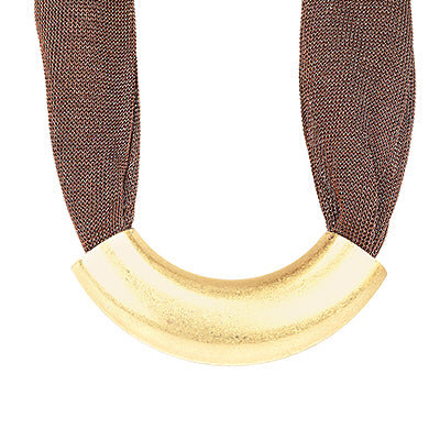 Curved Metal Tube & Mesh Necklace-Brown