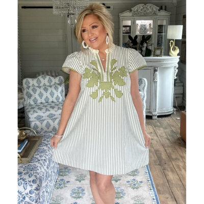Sage Striped Floral Applique Shift Dress