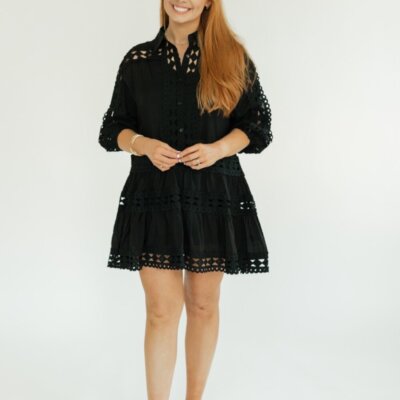 Black Lace Detail 3/4 Sleeve Dress (XS-XL)