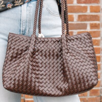 Nova Small Woven Shoulder Bag in Chocolate