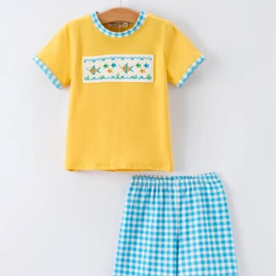 Fish Embroidered Smocking Plaid Boy's Set