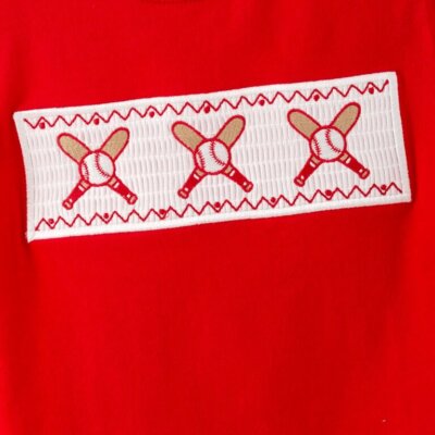 Red Baseball Smocked Tee & Plaid Shorts Set