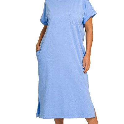 Round Neck SS Midi Dress Blue- Curvy