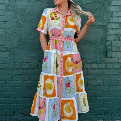 John Mark Floral Patchwork Linen Belted Midi Dress