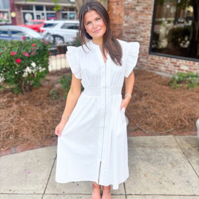White Smocked Waist Midi Dress