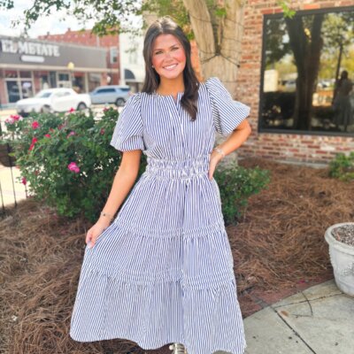 Navy Striped Pintuck Dress