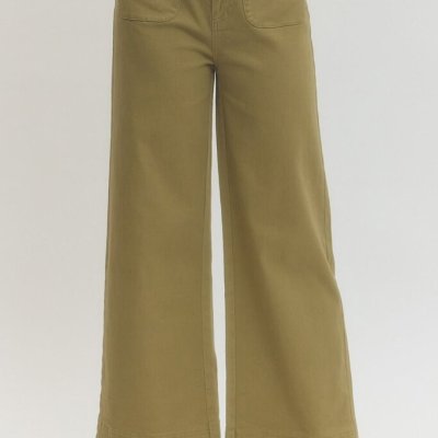 Lt Olive Scalloped Detail High Waist, Wide Leg Pant