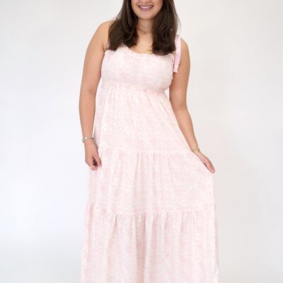 Rosalind Pink Floral Tiered Maxi Dress – Empire Waist & Ribbon Straps