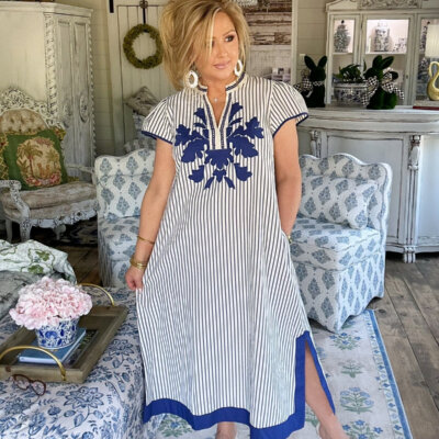 Blue Stripe Midi Dress with Lace Trim
