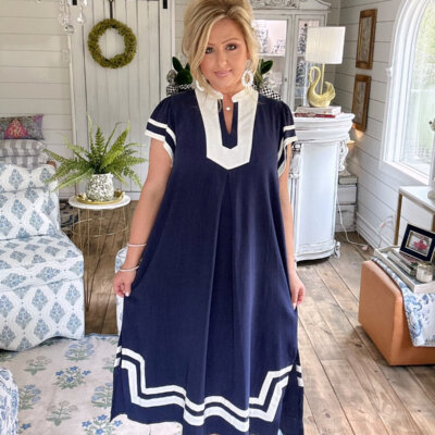Navy Linen Cotton Contrast Neckline Midi Dress
