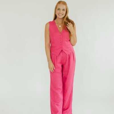 Jess Hot Pink Pleated Linen Pant (XS-XL)