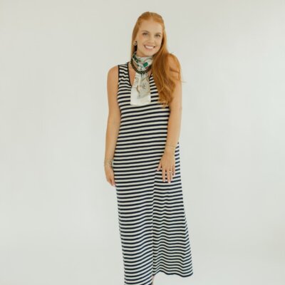 Navy Striped Knit Sleeveless Midi Dress (XS-XL)