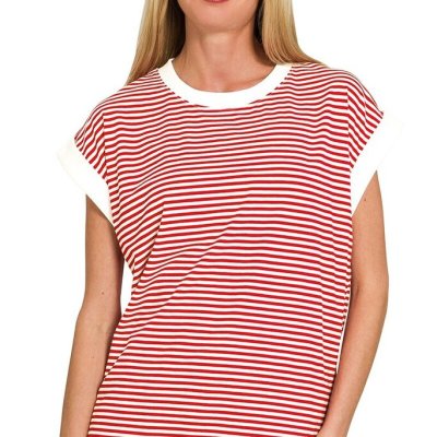 Stripe Contrast Trim Rib Banded Top (Ruby)