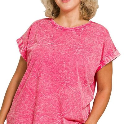Crinkle Washed Round Neck S/S Tee (Hot Pink)