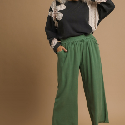 Linen Frayed Hem Wide-Leg Pant Palm Green