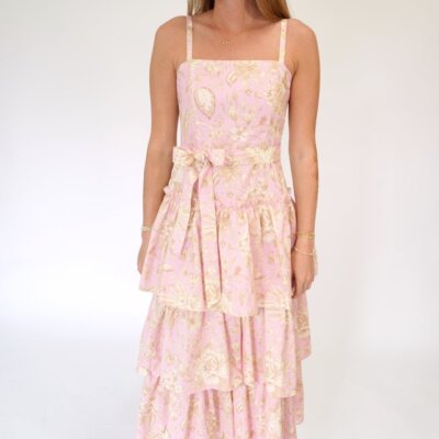 Aria Floral Tiered Ruffle Midi Dress – Pink