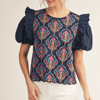 Baroque Embroidered Top – Navy