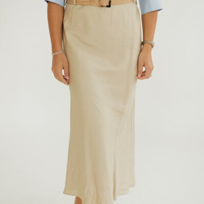 Morgan Sand Linen Midi Belted Skirt