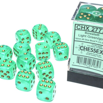 Chessex Borealis Light Green/Gold 16mm d6 Dice Block (12 Dice)