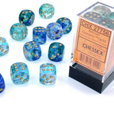 Chessex Nebula Oceanic/Gold 16mm d6 Dice Block (12 Dice)