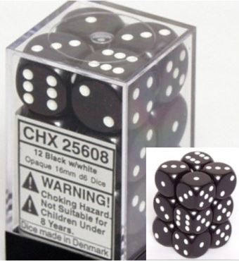 Chessex Opaque Black/White 16mm d6 Dice Block (12 Dice)