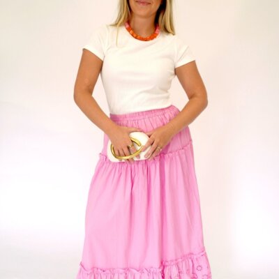 Pink Cotton Eyelet Tiered Maxi Skirt