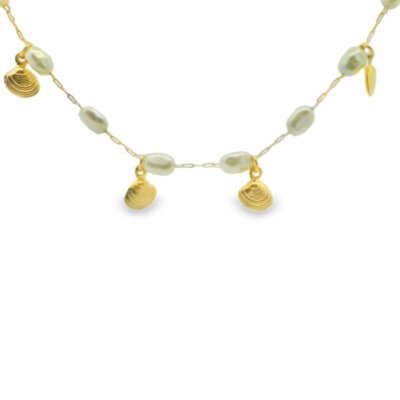 Marina-Baroque Pearl and Engraved Gold Floral Charm Necklace