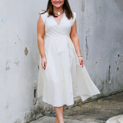 Collared Cap Sleeve Wrap Midi Dress in Ivory