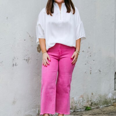 Acid Washed High Waist Frayed Straight Pants- Hot Pink