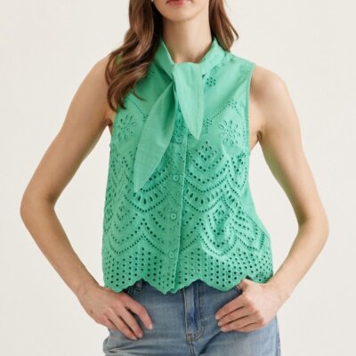 Matcha Eyelet Tie-Neck Sleeveless Blouse