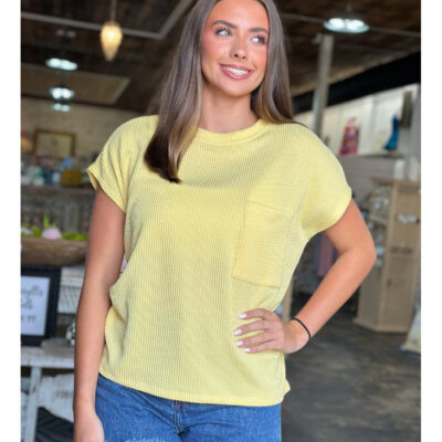 Yellow Solid Ribbed Top With Pockets