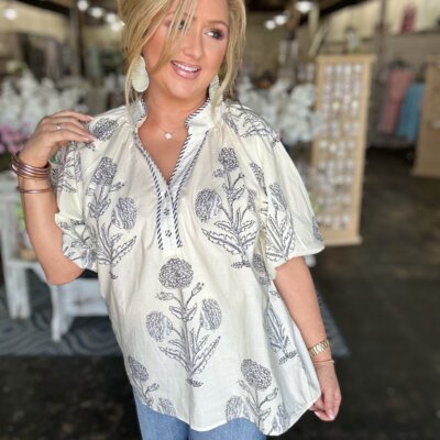 Ecru/Black Floral V-neck Top