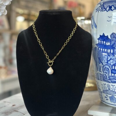 Gold Toggle Necklace with Baroque
Freshwater Pearl Drop