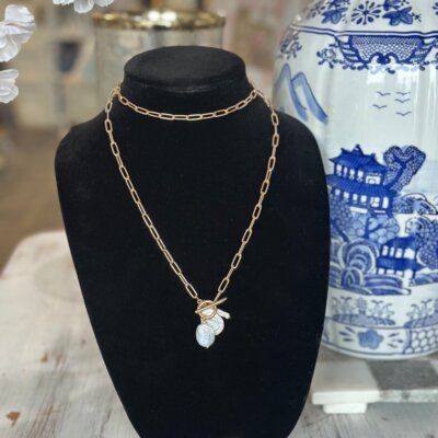 Gold Paperclip Chain Toggle Necklace with Freshwater Pearl Cluster Pendant 18"