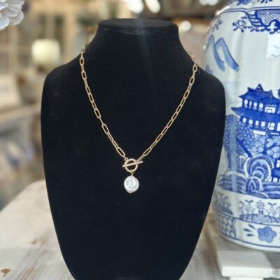 Gold Paperclip Chain Toggle Necklace with Carved Mother of Pearl Coin
Pendant