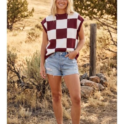 Burgundy Checkered Knit Sleeveless Top