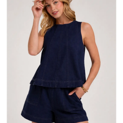 Sleeveless Denim Top & Matching Shorts Set in Navy