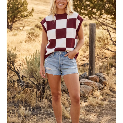 Burgundy Checkered Knit Sleeveless Top