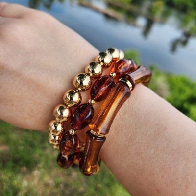 3 Row Marble Bamboo Style & CCB Ball Bracelet- Turq/GD