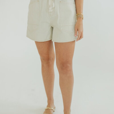 Ecru Washed Front Pocket Denim Shorts
