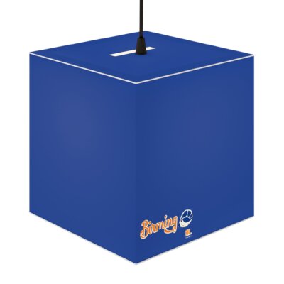 Blue Cube Pendant Lamp — Minimal Modern Light Cube with 'Burning' Logo