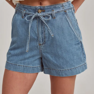 High Rise Denim Shorts W/Tie Strap