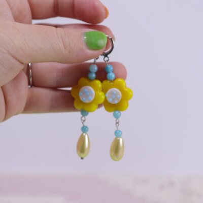 Stylish Blue and Yellow Glass Beaded Earrings