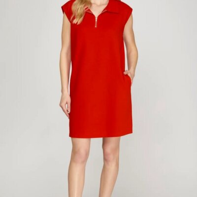 Sleeveless Polo Half Zip Mini Dress RED