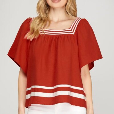 Flare Short Sleeve Square Neck Top RED
