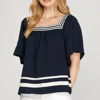 Flare Short Sleeve Square Neck Top NAVY