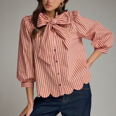 Stripe Tie Neck Blouse w/Scallop Detail